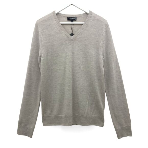 Express Men's Merino Wool Sweater Size S NWT V-Neck Oatmeal Extra Fine Wool - Picture 2 of 16